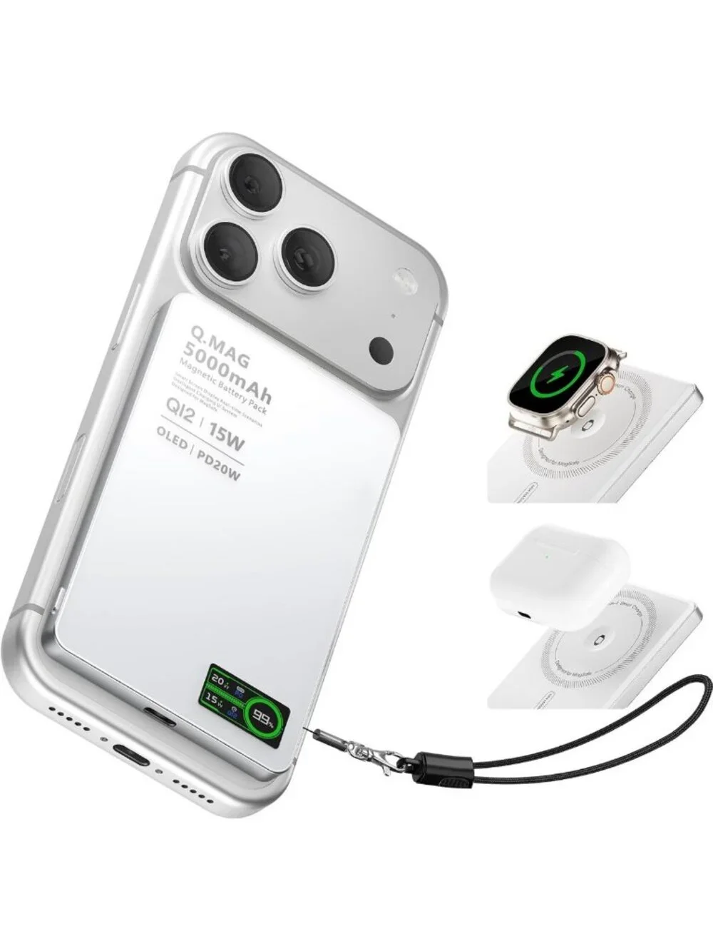 5000mAh Fast Wireless Power Bank for iPhone & Apple Watch, Ultra Slim 3-in-1